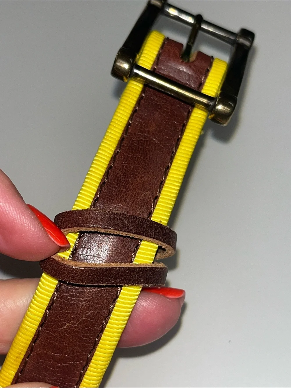 Linea Pelle Brown Leather & Yellow Nylon Belt Size Small